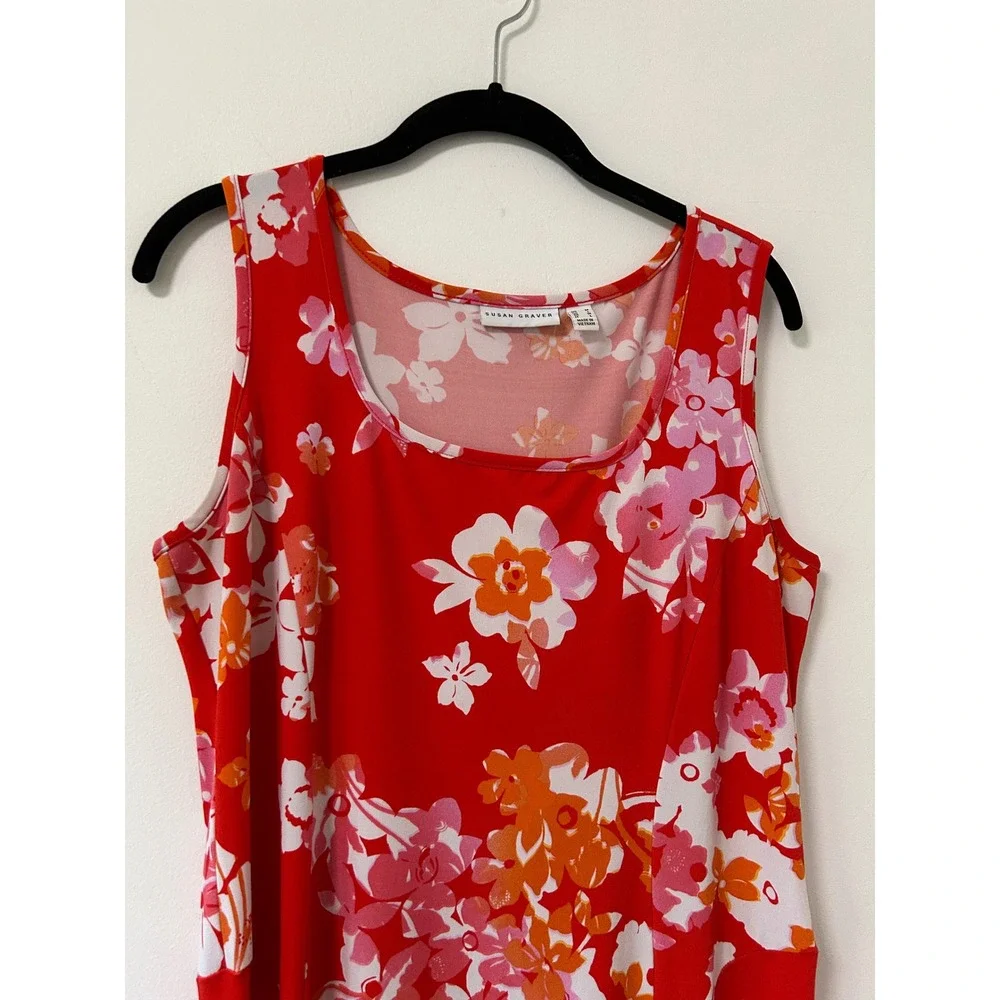 Susan Graver Floral Maxi Dress Womens XL Red Sleeveless Excellent Stretch Knit
